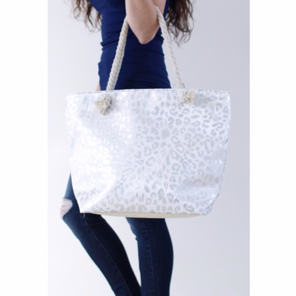 Boutique Silver Metallic Leopard Tote Bag